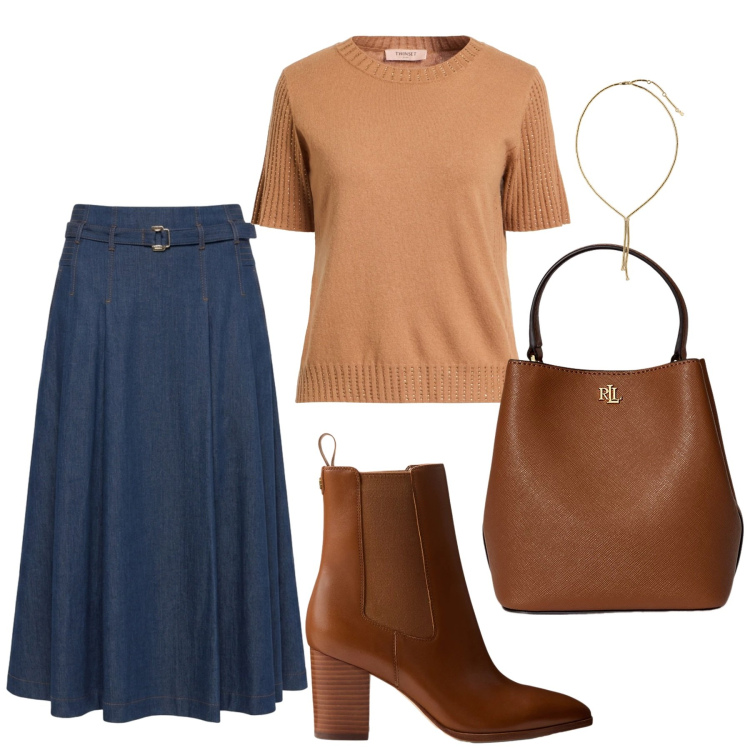 Outfit donna - Total look #2465867. Stile Glamour per Ufficio. Abbinamento con pullovers, gonne longuette, borse a secchiello, collane, stivaletti.