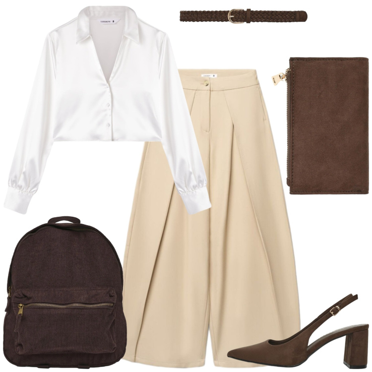 Outfit donna - Reality Is calling -Trendy chic. Stile Trendy per Tutti i giorni. Abbinamento con pantaloni a palazzo, camicie, portafogli, cinture, décolleté, zaini.