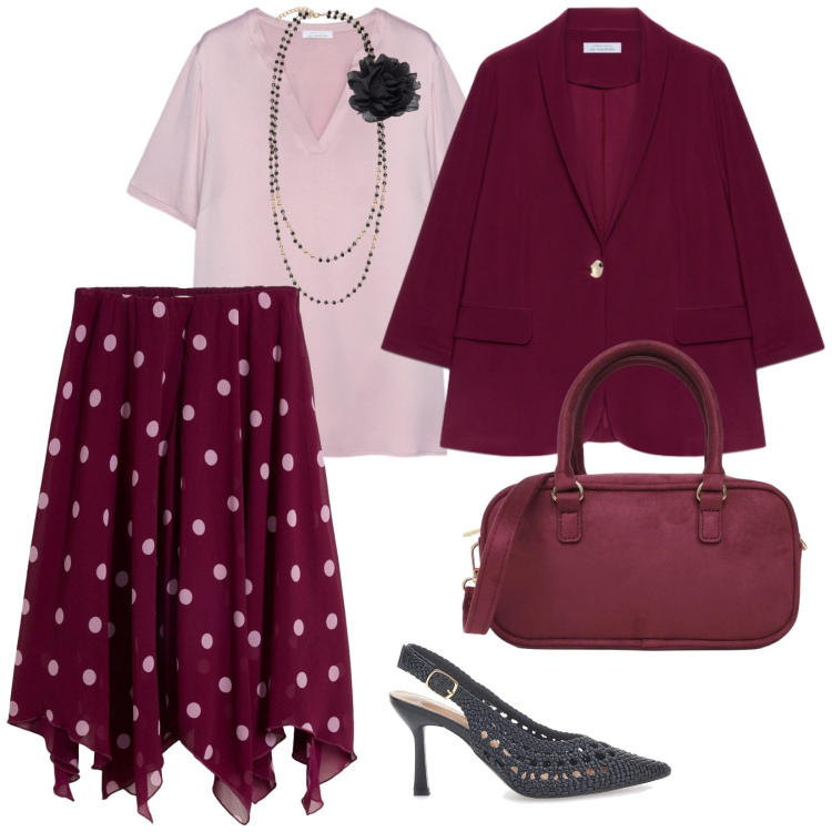 Outfit donna - Bordouxs. per Serata fuori. Abbinamento con gonne longuette, borse a tracolla, t-shirt, collane, blazer, décolleté.