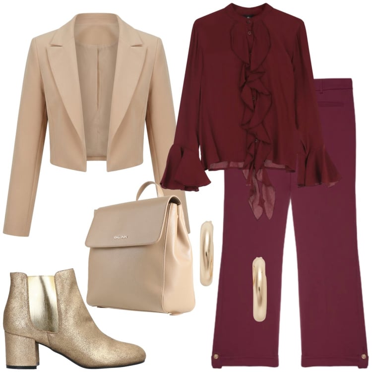 Outfit donna - Elegante. Stile Casual chic per Tutti i giorni. Abbinamento con stivaletti chelsea, zaini, camicie, bolero, pantaloni, orecchini.
