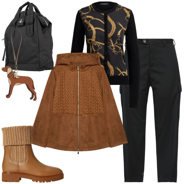 Outfit donna - Casual. Stile Casual per Tutti i giorni. Abbinamento con zaini, pantaloni cargo, blazer, ciondoli, stivaletti chelsea, cardigans.