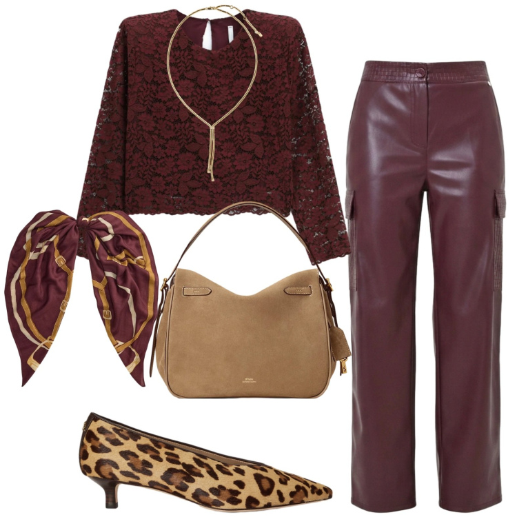 Outfit donna - Autunno. Stile Casual chic per Tutti i giorni. Abbinamento con t-shirt, pantaloni cargo, borse a mano, collane, décolleté, foulard.