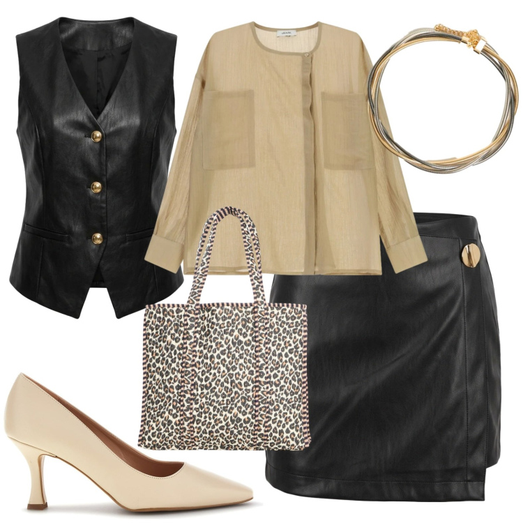 Outfit donna - Elegante. Stile Casual chic per Tutti i giorni. Abbinamento con shopping bag, camicie, gilet, minigonne, collane, décolleté.