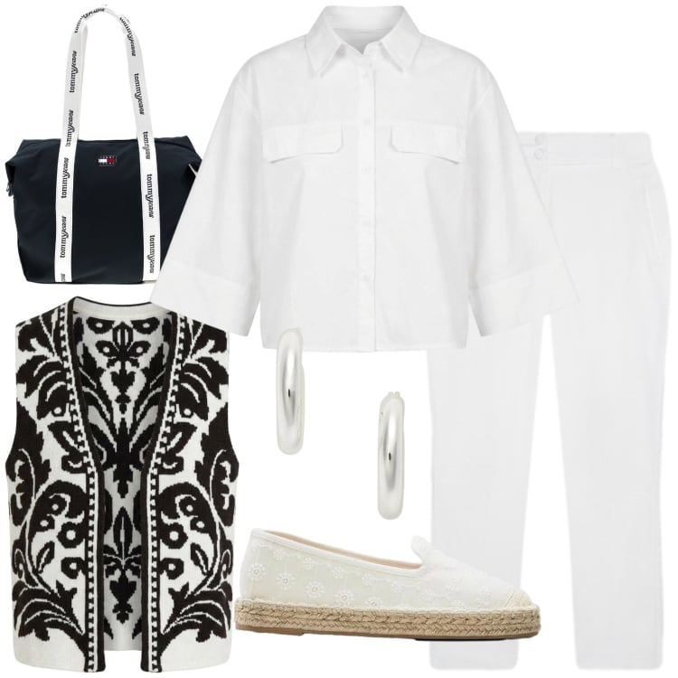 Outfit donna - Black and white. Stile Casual per Tutti i giorni. Abbinamento con espadrillas, gilet, pantaloni, camicie a manica corta, orecchini, shopping bag.