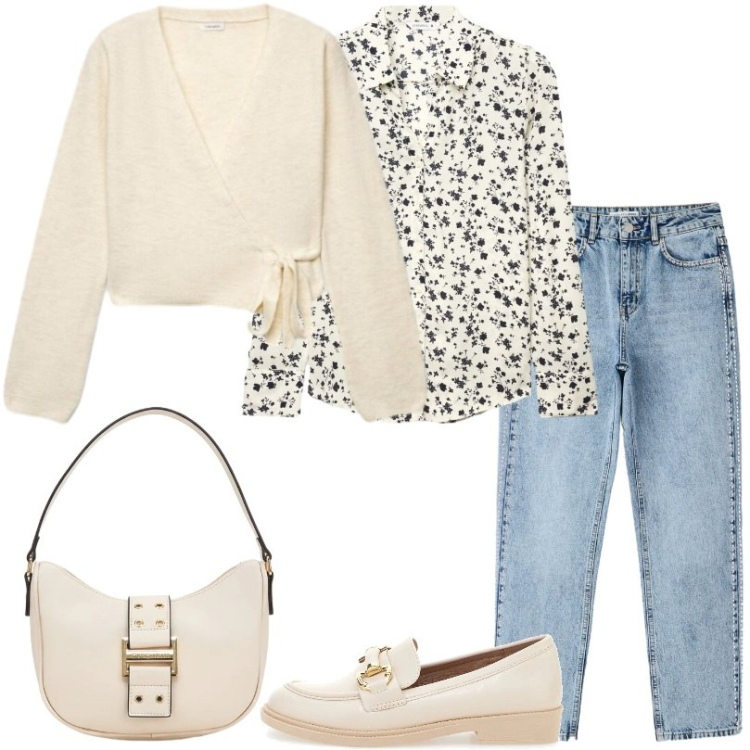 Outfit donna - Look everyday chic. Stile Casual per Tutti i giorni. Abbinamento con camicie, cardigans, jeans mom, mocassini, borse a tracolla.