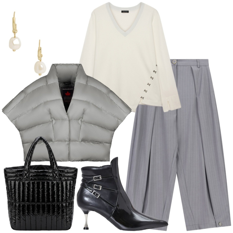 Outfit donna - Fall. Stile Casual per Tutti i giorni. Abbinamento con pantaloni a palazzo, stivaletti, maglieria, borse a mano, piumini, orecchini.