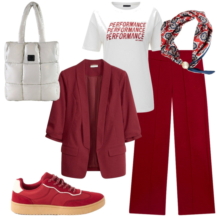 Outfit donna - Casual chic. Stile Casual chic per Tutti i giorni. Abbinamento con blazer, sneakers, pantaloni, shopping bag, foulard, t-shirt.