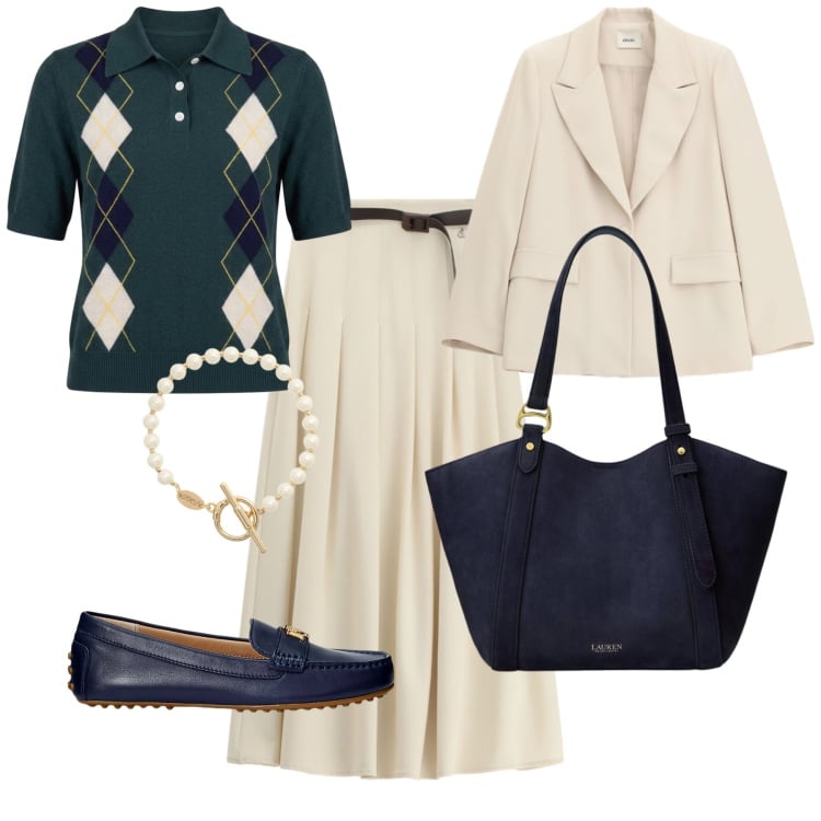 Outfit donna - Gioco di contrasti. Stile Chic per Ufficio. Abbinamento con maglieria, gonne lunghe, blazer, borse tote, braccialetti, mocassini.