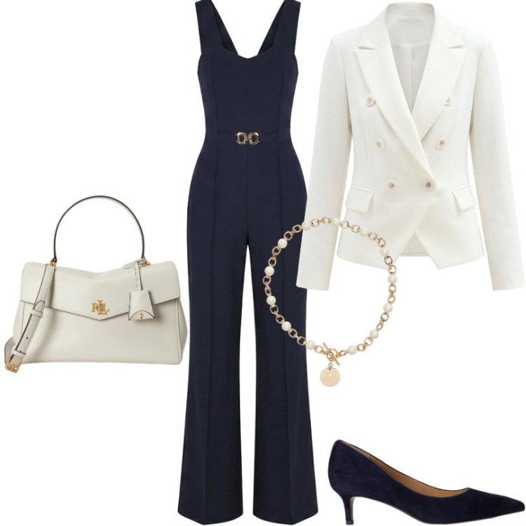 Outfit donna - Eventi formali. Stile Chic per Tutti i giorni. Abbinamento con tute, blazer, collane, borse a mano, décolleté.
