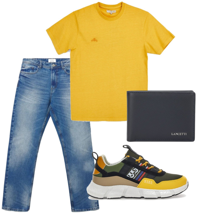 Outfit uomo - Total look #2465888. Stile Urban per Tutti i giorni. Abbinamento con jeans dritti, portafogli, t-shirt, sneakers.