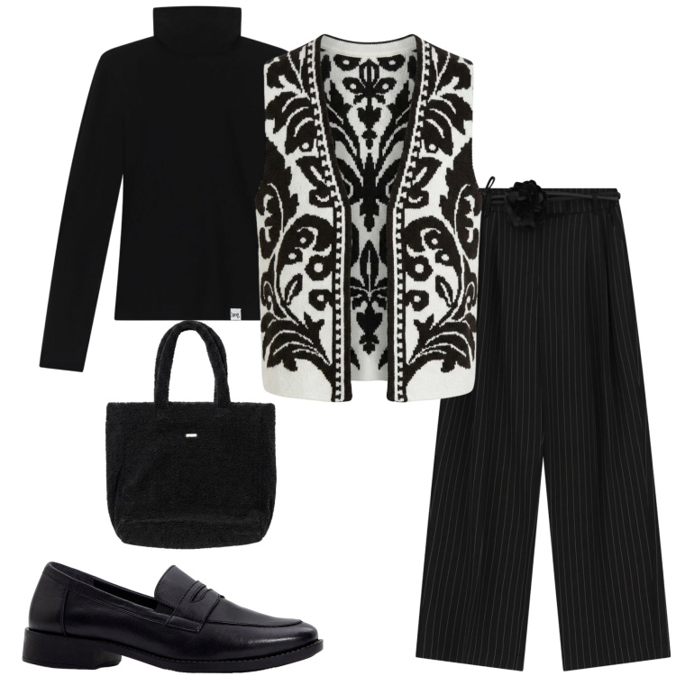 Outfit donna - Black and White. Stile Casual chic per Ufficio. Abbinamento con mocassini, pantaloni a palazzo, t-shirt, gilet, borse a mano.