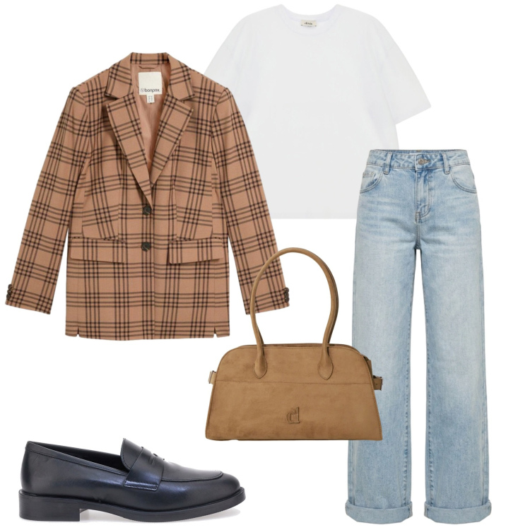 Outfit donna - Settembre. Stile Casual chic per Ufficio. Abbinamento con blazer, borse a spalla, t-shirt, jeans, mocassini.