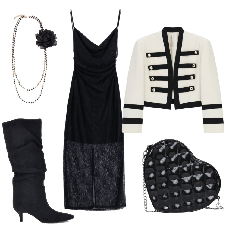 Outfit donna - Fiori e cuori. Stile Trendy per Serata fuori. Abbinamento con blazer, borse a tracolla, vestiti midi/longuette, collane, stivali sopra il ginocchio.