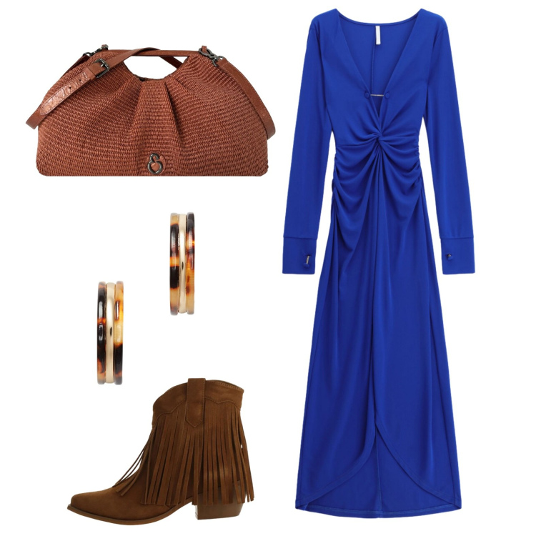 Outfit donna - Frange ai piedi. Stile Boho per Tutti i giorni. Abbinamento con stivaletti texani, vestiti lunghi, clutch, orecchini.