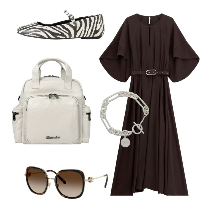Outfit donna - La ballerina zebrata. Stile Trendy per Ufficio. Abbinamento con ballerine, vestiti lunghi, zaini, braccialetti, occhiali da sole.