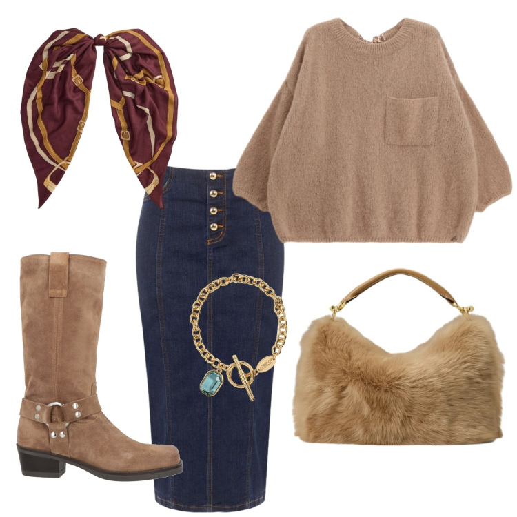 Outfit donna - Gioco di volumi. Stile Sporty chic per Tutti i giorni. Abbinamento con stivali, pullovers, gonne longuette, borse a mano, braccialetti, foulard.