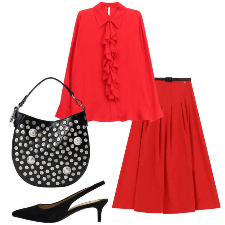 Outfit donna - Rosso protagonista. Stile Glamour per Serata fuori. Abbinamento con camicie, gonne lunghe, décolleté, borse a mano.