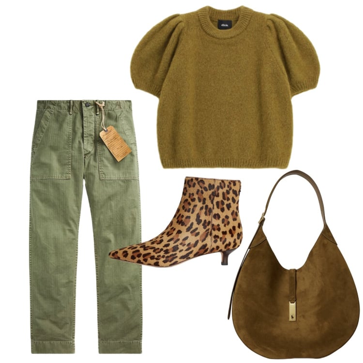 Outfit donna - Maniche a palloncino. Stile Trendy per Ufficio. Abbinamento con pullovers, borse a spalla, pantaloni, stivaletti.