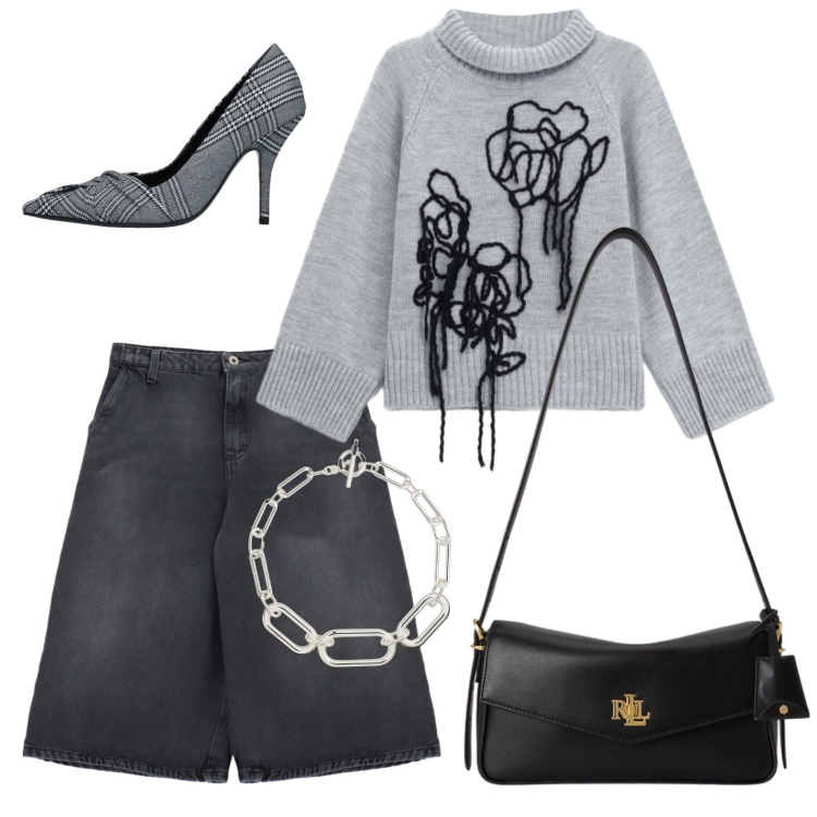 Outfit donna - Bermuda e tacchi. Stile Urban per Serata fuori. Abbinamento con décolleté, pullovers, bermuda, collane, borse a spalla.