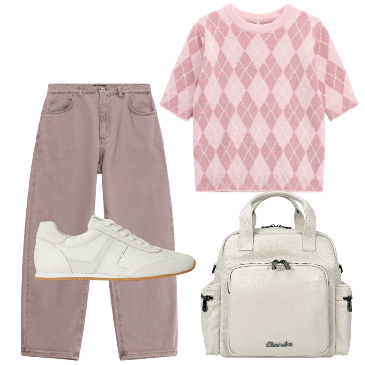 Outfit donna - Domenica in agriturismo. Stile Basic per Tutti i giorni. Abbinamento con maglieria, jeans, zaini, sneakers.