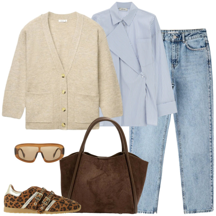 Outfit donna - Prepot girl. Stile Preppy per Scuola/Università. Abbinamento con occhiali da sole, sneakers, camicie, cardigans, jeans mom, borse a spalla.
