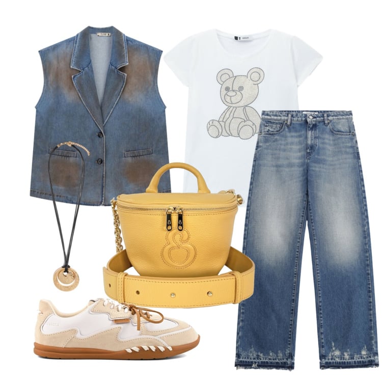 Outfit donna - Settembre. Stile Casual chic per Tutti i giorni. Abbinamento con gilet, t-shirt, jeans, ciondoli, borse a tracolla, sneakers.