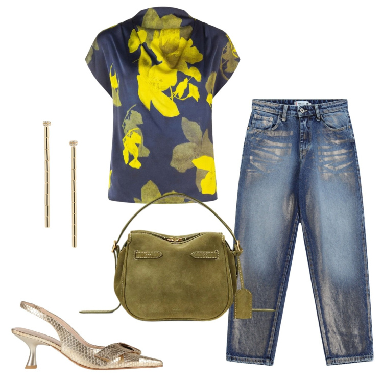 Outfit donna - Serata di festa. Stile Glamour per Serata fuori. Abbinamento con décolleté, jeans, top, borse a mano, orecchini.