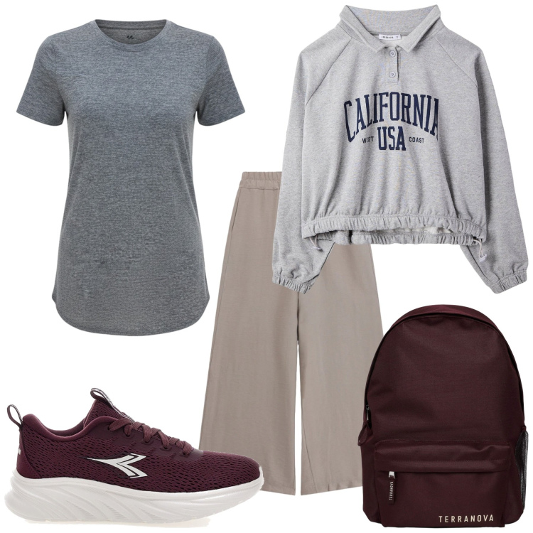 Outfit donna - Total look #2465924. Stile Sporty chic per Sport. look ideale per Petite. Abbinamento con pantaloni, zaini, felpe, t-shirt, scarpe sportive.