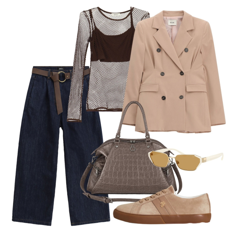 Outfit donna - Fall Collections. Stile Chic per Tutti i giorni. Abbinamento con top, blazer, pantaloni a palazzo, shopping bag, occhiali da sole, sneakers.