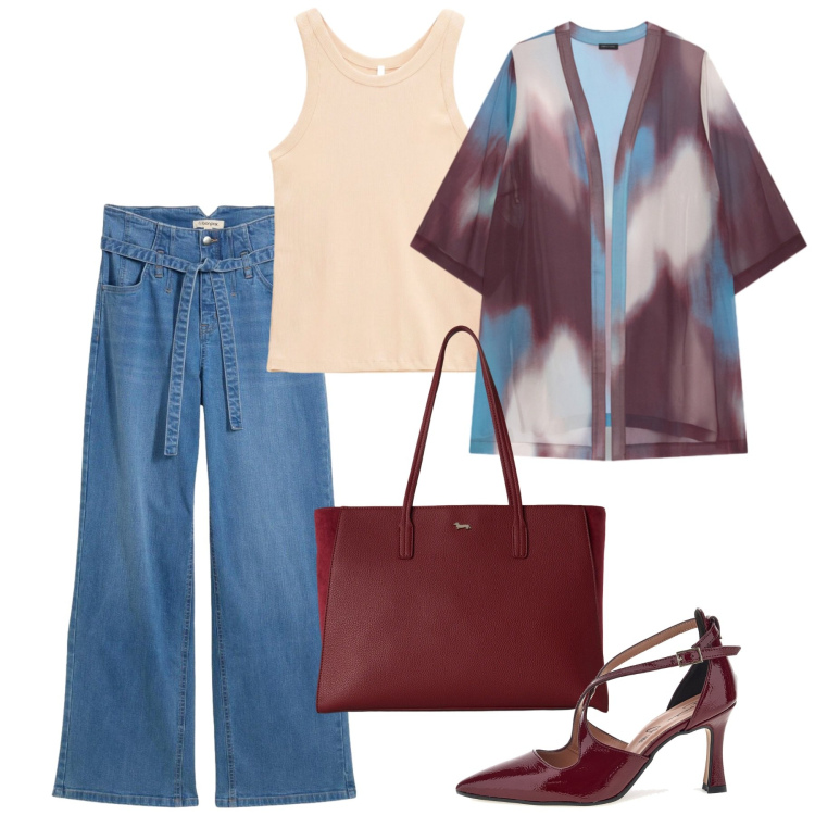 Outfit donna - Fall Collections. Stile Casual chic per Tutti i giorni. Abbinamento con jeans, shopping bag, canottiere, kimono, décolleté.
