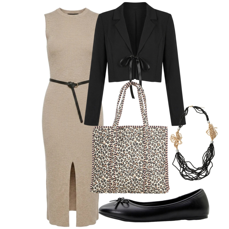 Outfit donna - Fall Collections. Stile Chic per Ufficio. Abbinamento con ballerine, shopping bag, collane, bolero, vestiti midi/longuette.