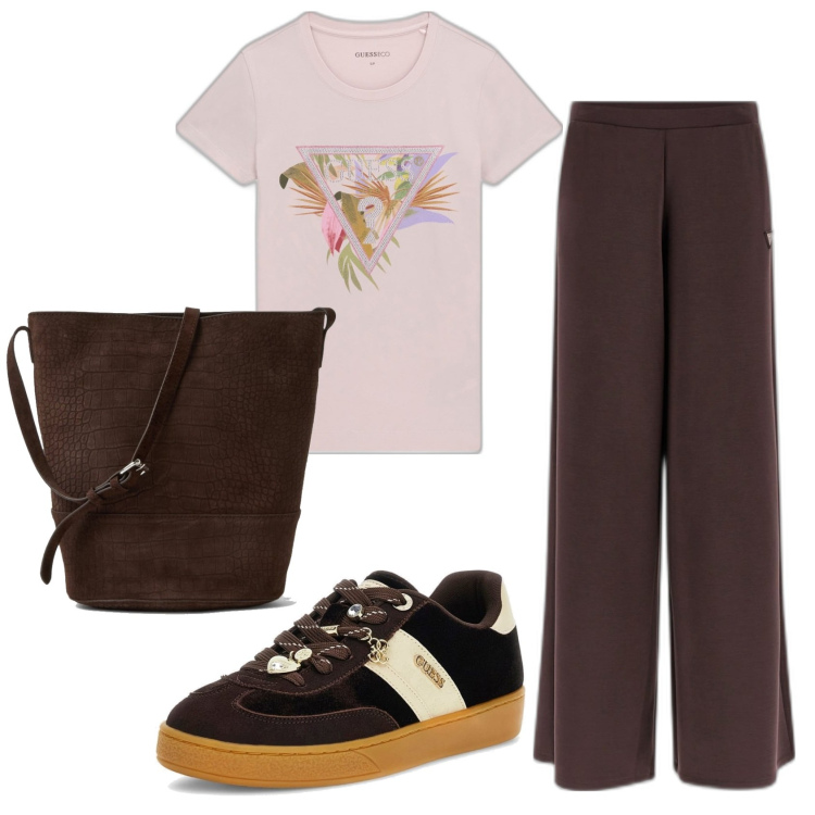 Outfit mujer - Casual. Estilo Casual para Todos los días. Combinación con camiseta, pantalones palazzo, mochilas, sneakers.