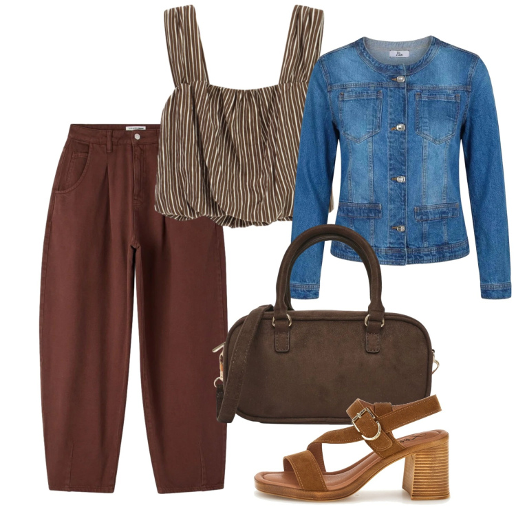 Outfit donna - Fall Collections. Stile Casual per Tutti i giorni. Abbinamento con pantaloni, borse a tracolla, blazer, top, sandali col tacco.