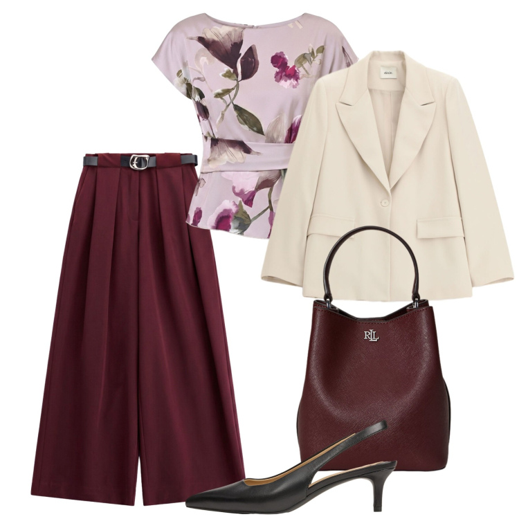 Outfit donna - Fall Collections. Stile Chic per Ufficio. Abbinamento con pantaloni a palazzo, blazer, t-shirt, borse a secchiello, décolleté.