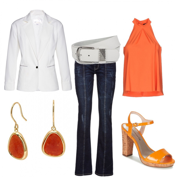Outfit donna - Orange. Stile Urban per Ufficio. Abbinamento con jeans bootcut, blazer, top collo tondo senza maniche jersey, sandali arancione, orecchini pendenti in oro giallo multicolore e argento, cinture.