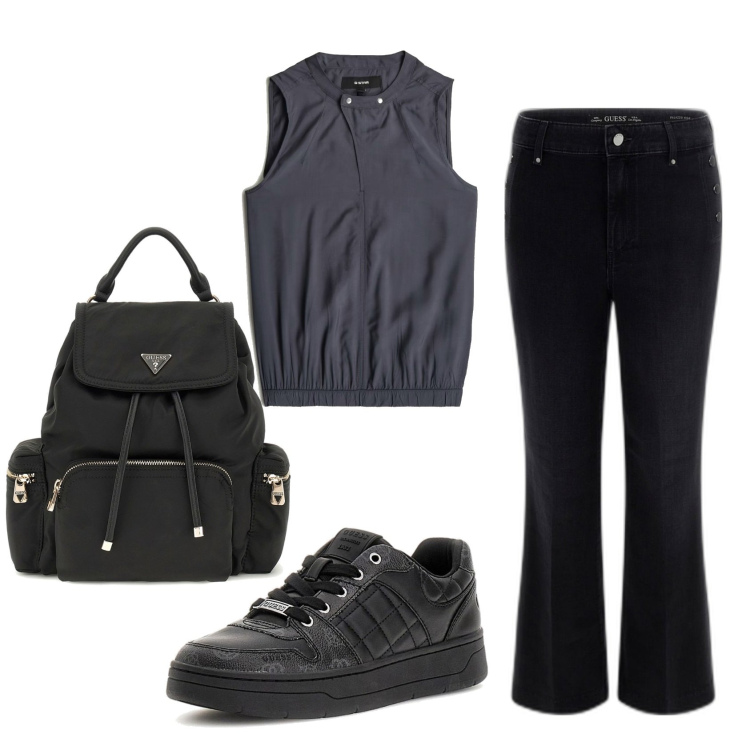 Outfit mujer - Basic look. Estilo Basic para Todos los días. Combinación con sneakers, camisetas sin mangas, mochilas, vaqueros rectos.