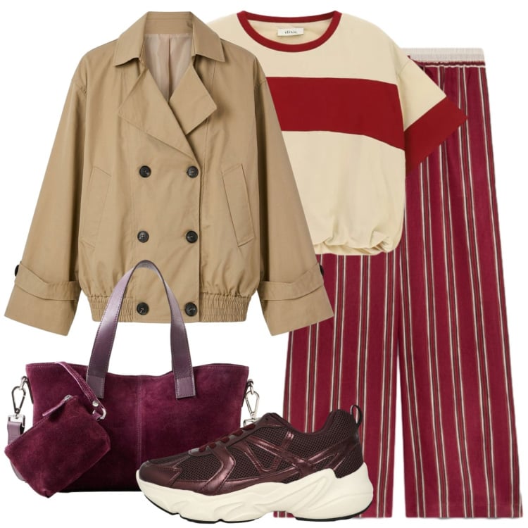 Outfit donna - Gita in montagna. Stile Casual per Tutti i giorni. Abbinamento con borse a mano, t-shirt, trench, sneakers, pantaloni.