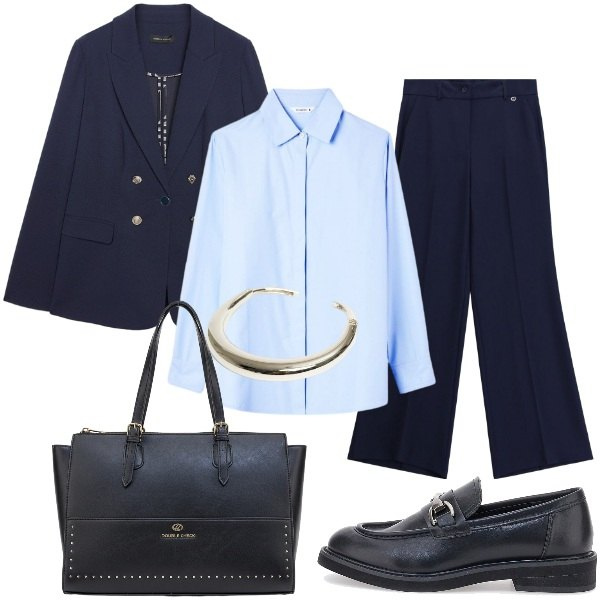 Outfit donna - Back to Office: Tailleur Blu Navy & Pope. Stile Casual chic per Ufficio. Abbinamento con pantaloni a palazzo, camicie, blazer, collane, mocassini, borse a spalla.