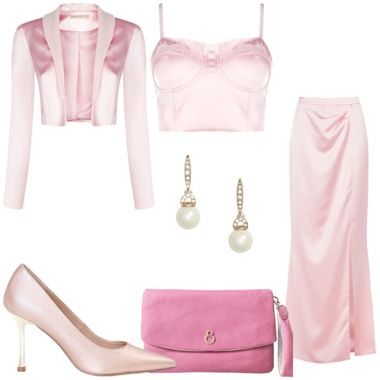 Outfit donna - Quel tocco di colore. Stile Glamour per Cerimonia. Abbinamento con gonne lunghe, top, bolero, décolleté, pochette, orecchini.