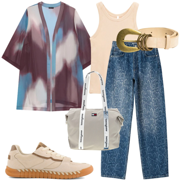 Outfit donna - Rientro. Stile Casual per Tutti i giorni. Abbinamento con canottiere, jeans dritti, kimono, cinture, sneakers, shopping bag.