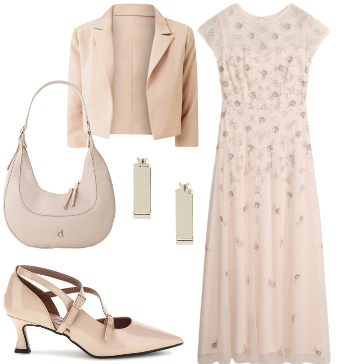 Outfit donna - Eleganza. Stile Chic per Serata fuori. Abbinamento con vestiti lunghi, borse a tracolla, blazer, orecchini, décolleté.