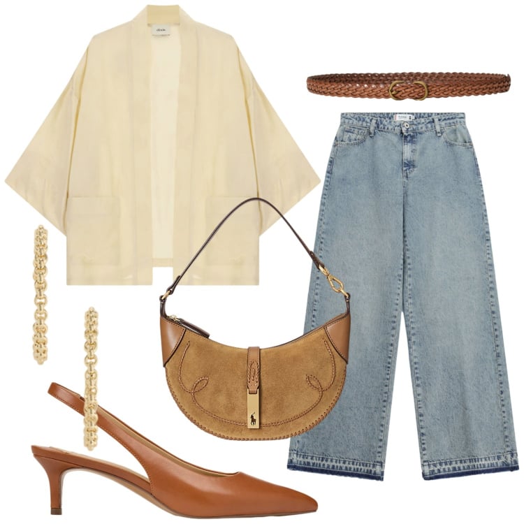 Outfit donna - Total look #2465982. Stile Minimal per Tutti i giorni. Abbinamento con kimono, jeans dritti, borse a spalla, décolleté, cinture, orecchini.