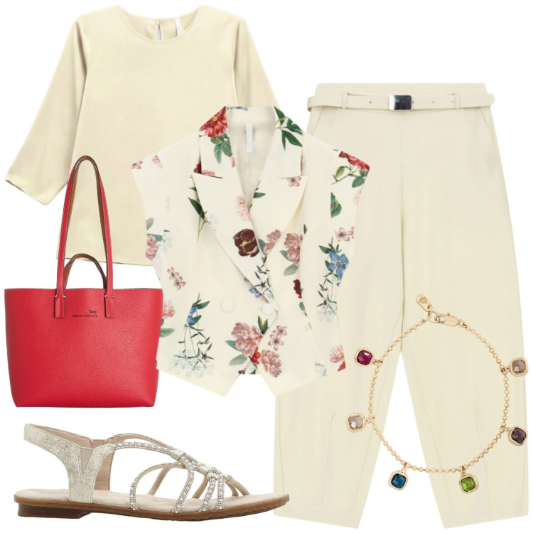 Outfit donna - Casual. Stile Casual per Tutti i giorni. Abbinamento con sandali, shopping bag, gilet, pantaloni, bluse, braccialetti.