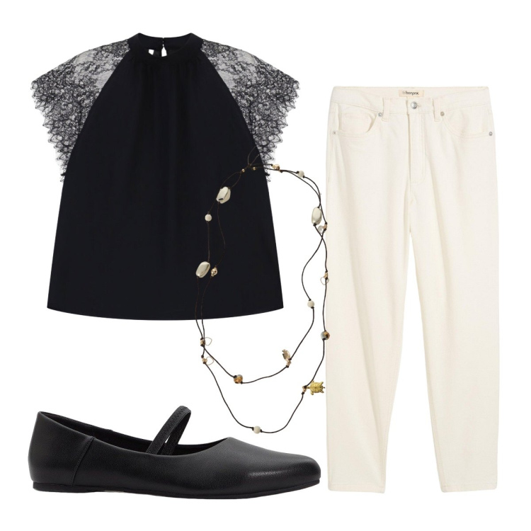 Outfit donna - Ufficio settembre. Stile Bon Ton per Ufficio. Abbinamento con ballerine, jeans mom, top, collane.