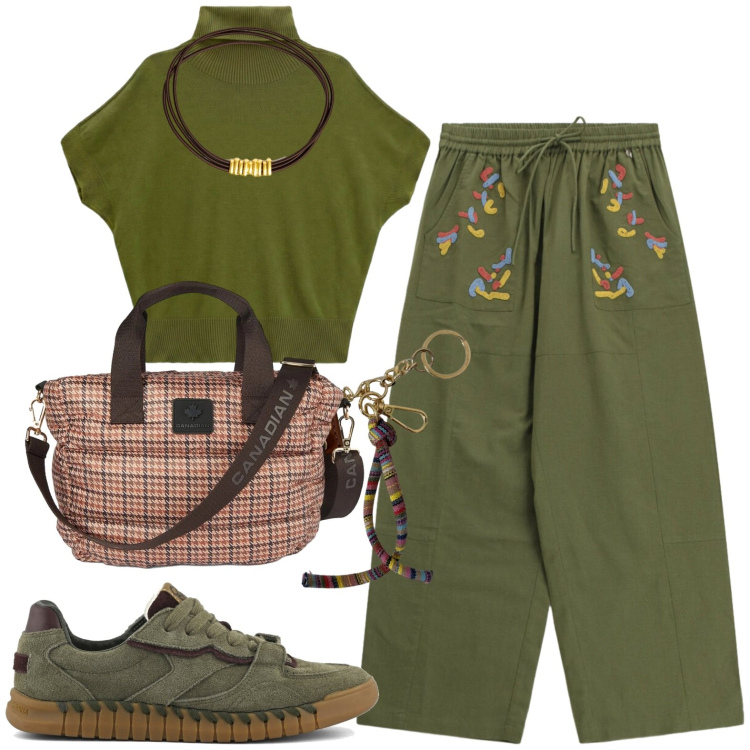 Outfit donna - In città sportiva. Stile Casual per Tutti i giorni. Abbinamento con t-shirt, pantaloni a palazzo, portachiavi, borse tote, cinture, sneakers.