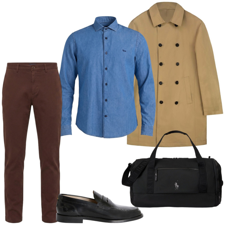 Outfit uomo - Total look #2466001. Stile Casual per Ufficio. Abbinamento con scarpe stringate, camicie, pantaloni, trench, borse sportive.