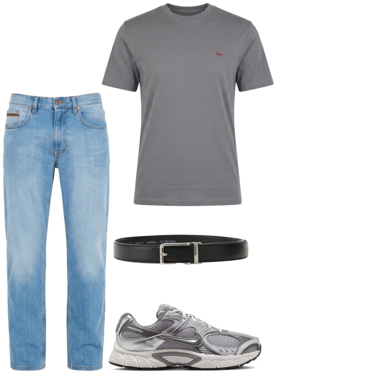 Outfit uomo - Jeans chiari e t-shirt grigio. Stile Casual per Tutti i giorni. Abbinamento con jeans, t-shirt, cinture, sneakers.