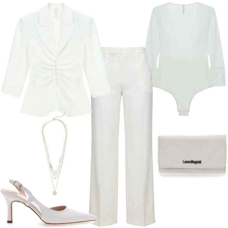 Outfit donna - Total White 2026. Stile Chic per Cerimonia. Abbinamento con collane, top, blazer, pantaloni a palazzo, portafogli, décolleté.