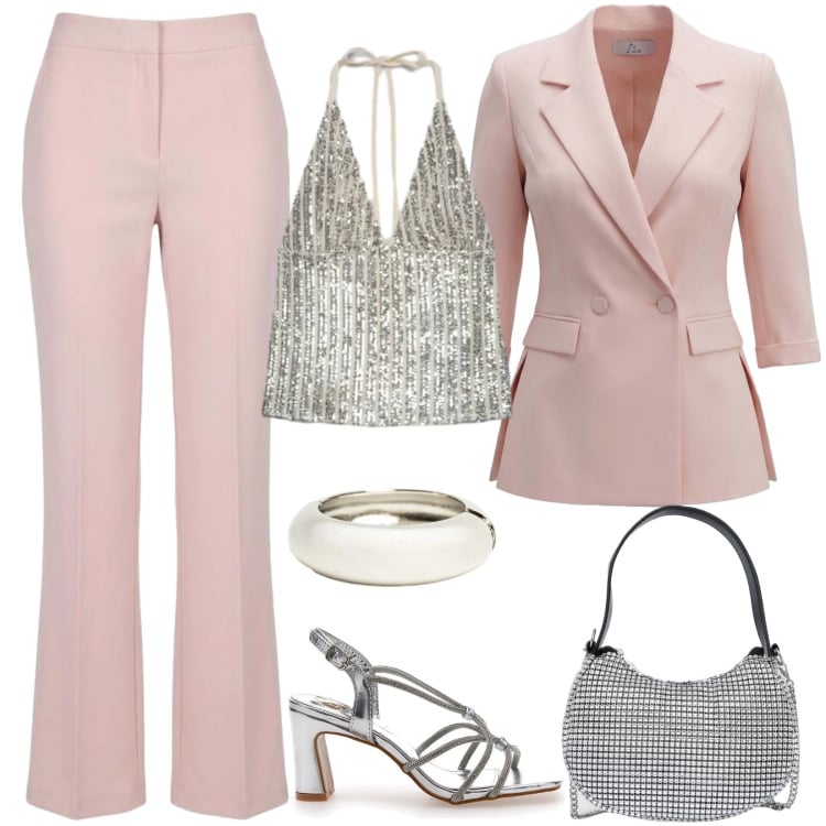 Outfit donna - Party di laurea di fine estate. Stile Glamour per Cerimonia. Abbinamento con top, borse a spalla, pantaloni, blazer, braccialetti, sandali col tacco.