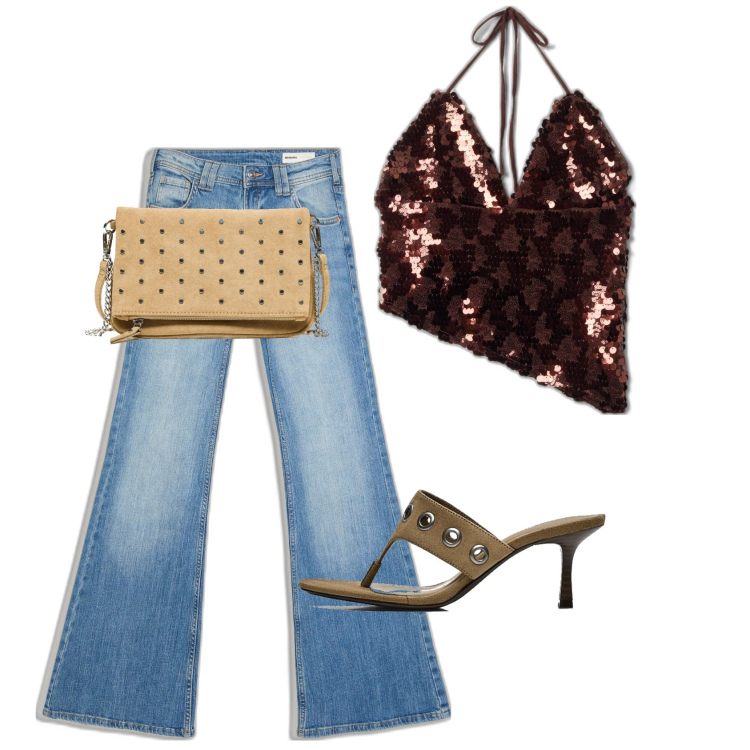 Outfit mujer - Trendy. Estilo Trendy para Todos los días. Combinación con clutch, sandalias de tacón, vaqueros, top.
